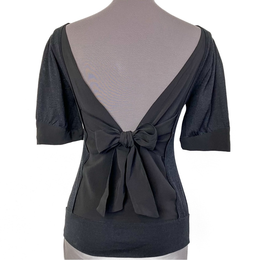 Theory Open Back Top in Black Silk & Cotton Knit w/ Tie & Half Sleeves Sz Small